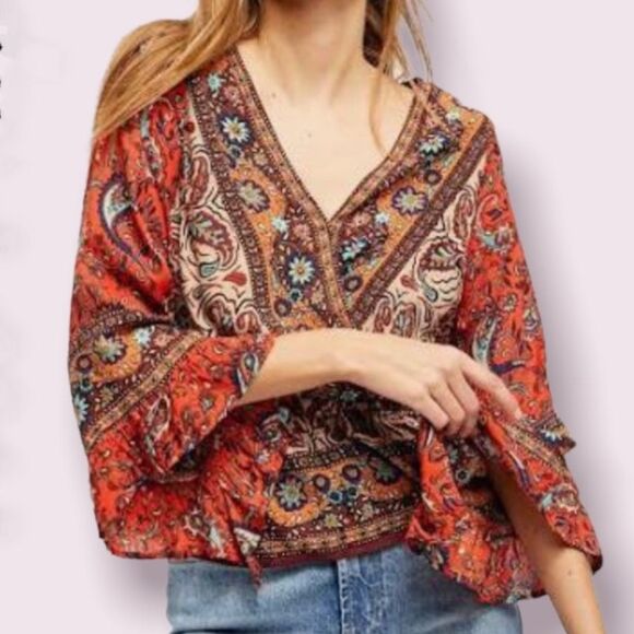 NWT Free People Rosalie Boho Bell Sleeve Surplice Paisley Red Top Blouse Sz XS - Picture 2 of 16